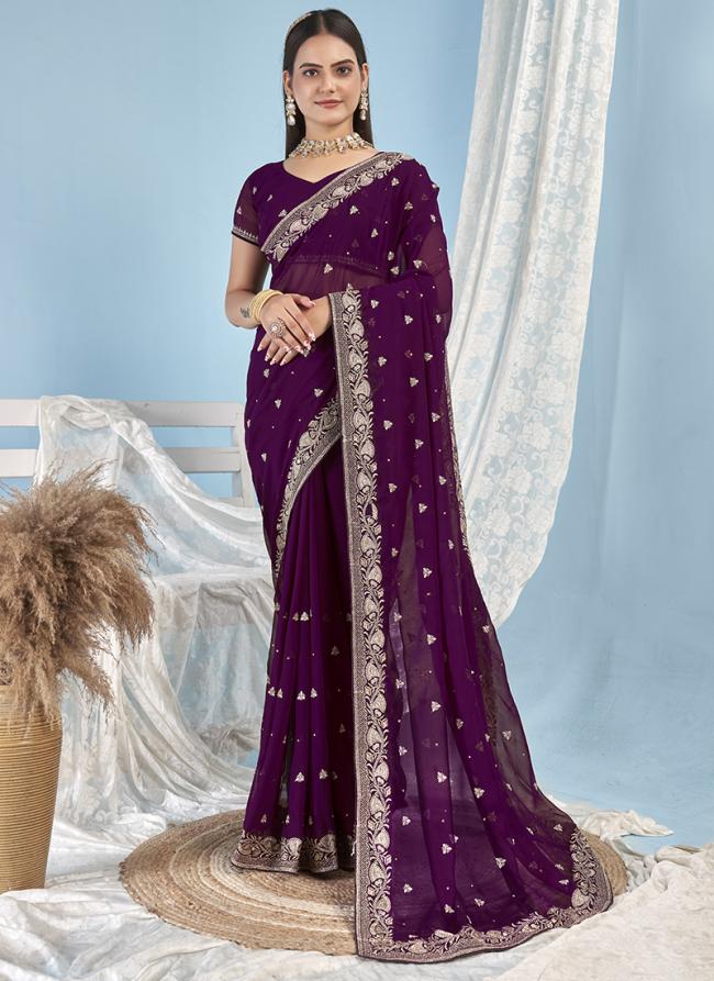 Georgette Purple Party Wear Embroidery Work Saree